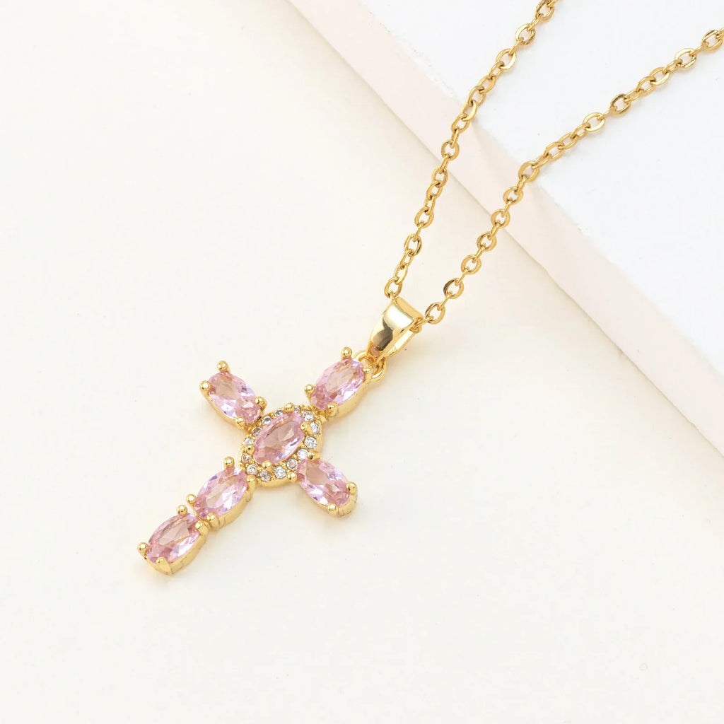 cross-pendant-colorful-zircon-delicate-chain - Viexta