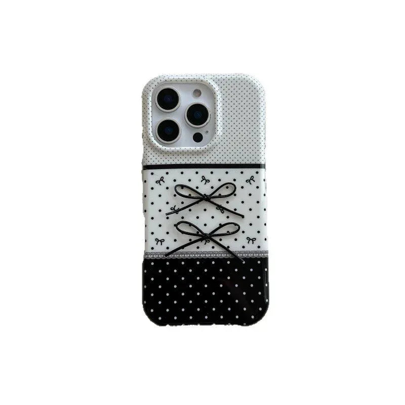 Black And White Polka Dot Stitching Stereo Bow iPhone Case - Viexta