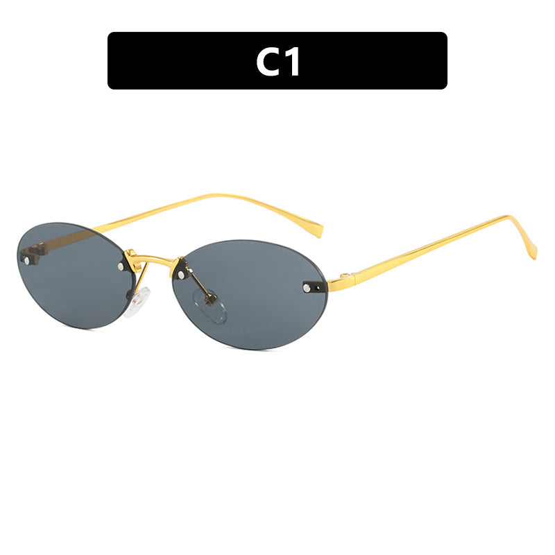 Elliptical frameless sunglasses with rivets, new fashion sunglasses, trendy street photography sunglasses for women