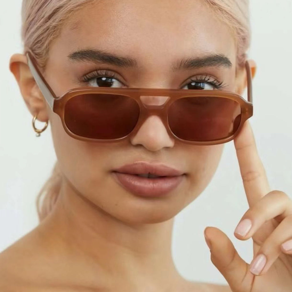 Square small frame double beam sunglasses, new driving sunglasses for women, UV resistant beach sunglasses