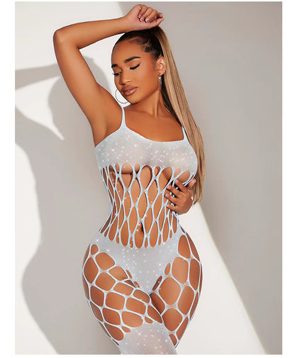 Hollow Hook Mesh Hot Rhinestone One-piece Sexy Lingerie