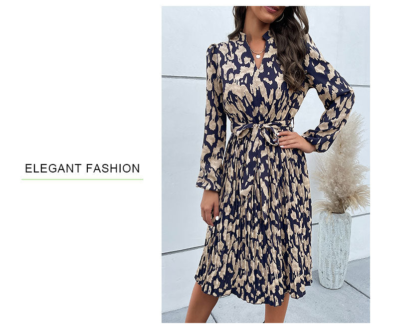 Women's Pleated Print Long Sleeve Dress