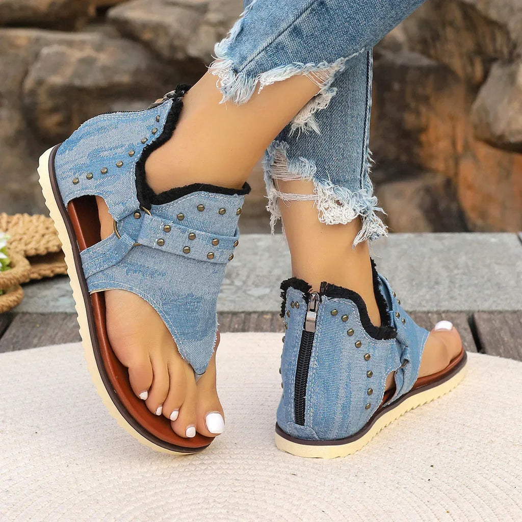 Denim Thong Sandals With Rear Zipper - Viexta