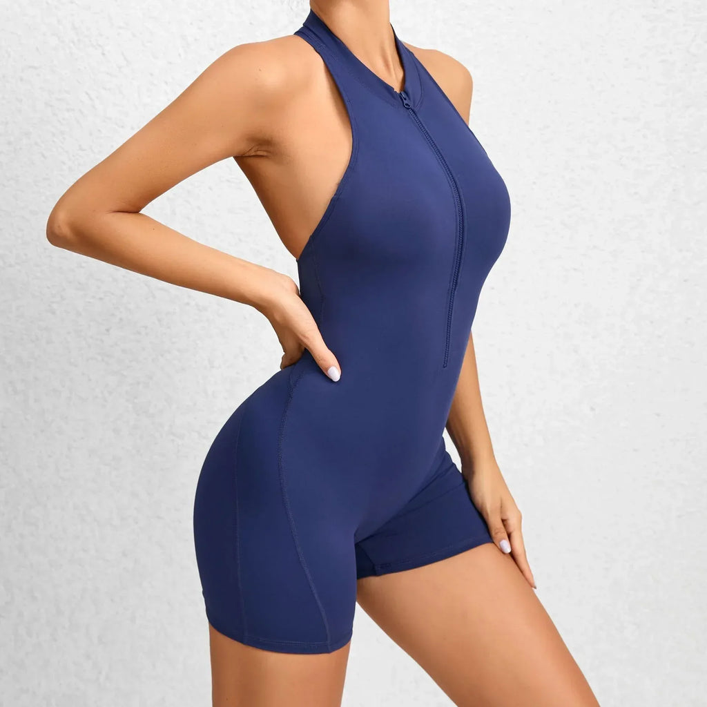 Zippered Yoga Fitness Shorts Jumpsuit Shapewear - Viexta