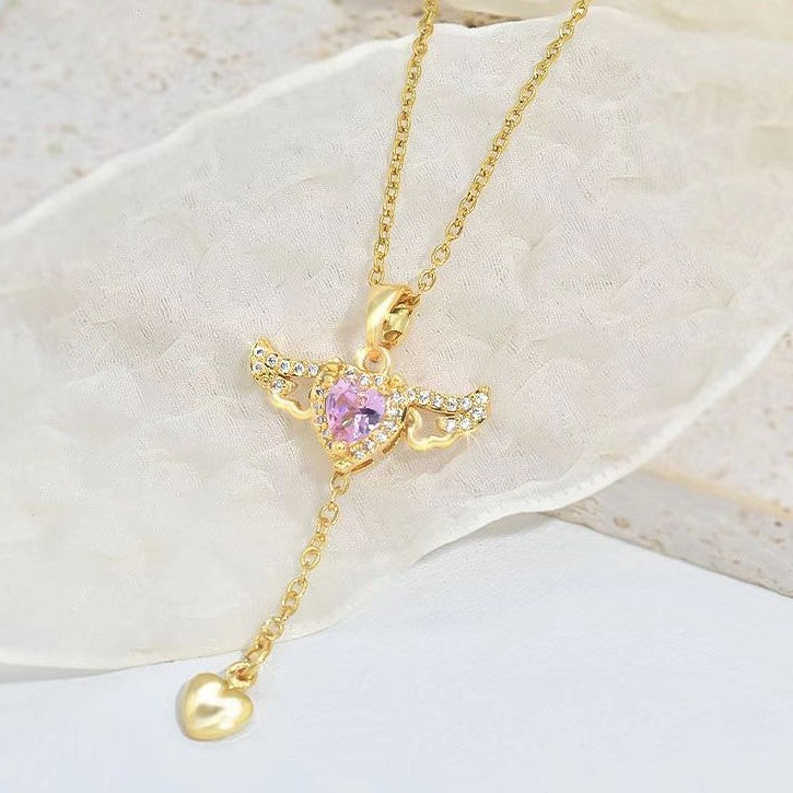 Moving Cupid Heart Angel Wings Tassel Necklace