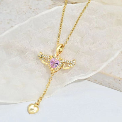 Moving Cupid Heart Angel Wings Tassel Necklace