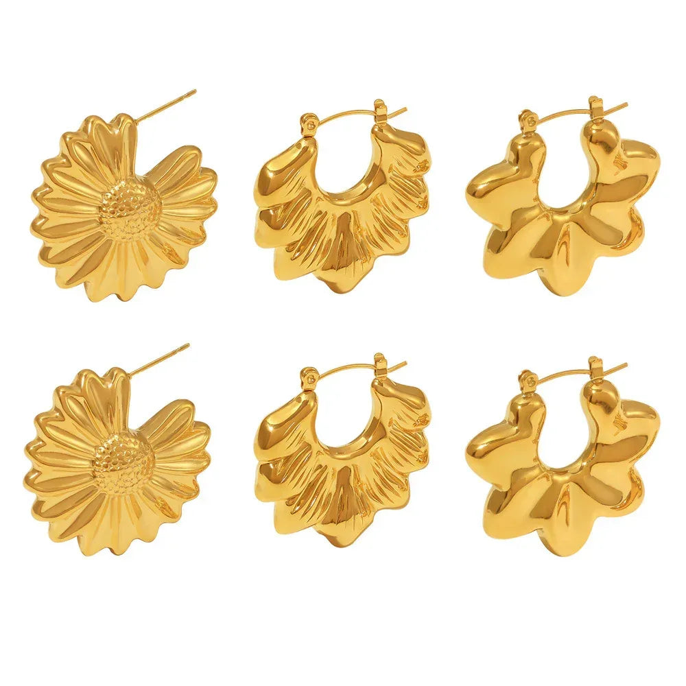 Fashionable Pleated Wave Chrysanthemum Hollow Earrings - Viexta