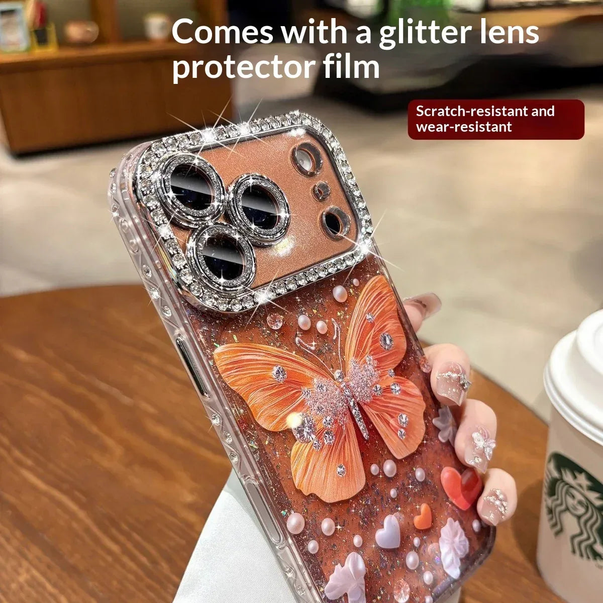 Rhinestone Butterfly iPhone Case With Glitter Lens Protector - Viexta