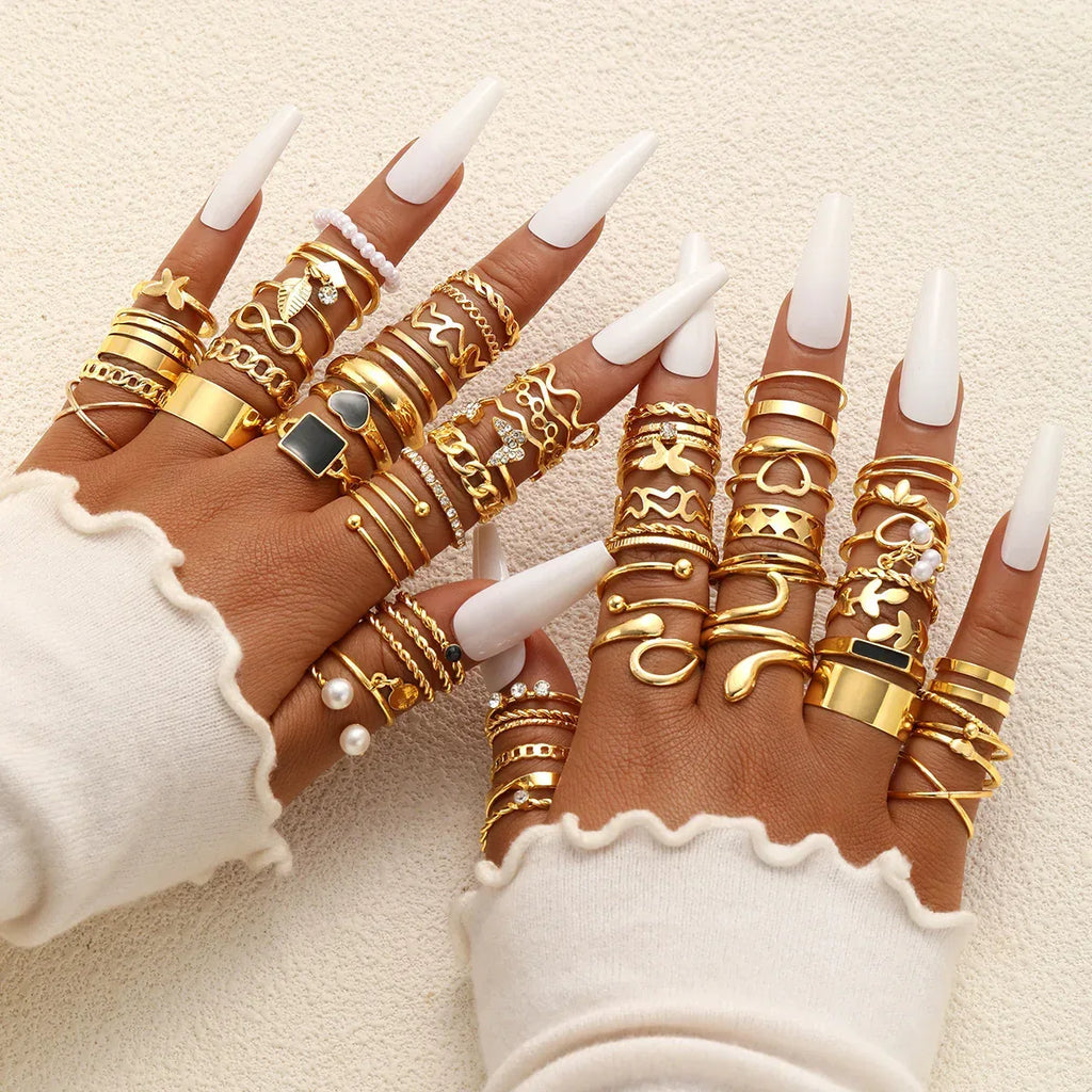 69 pieces Pearl Leaves Hollow Heart-shaped Ring - Viexta