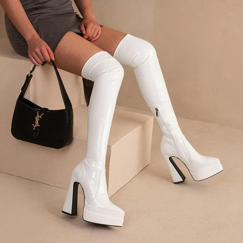 Bright Faced Thick Heeled Patent Leather Knee Boots - Viexta