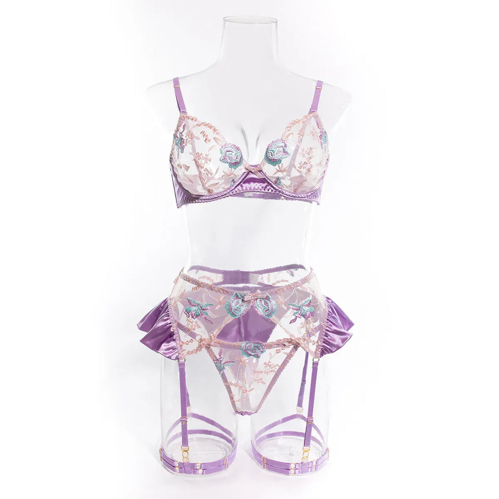 light-purple-mercerized-embroidery-lingerie-four-piece-set - Viexta