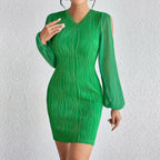 Slimming V-neck Dress Women Fashion Long Sleeve Solid Color Short Dress - Viexta