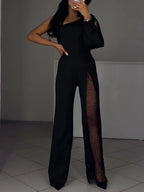 Single Sleeve Patchwork Mesh Jumpsuit - Viexta
