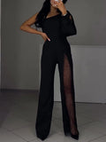 Single Sleeve Patchwork Mesh Jumpsuit - Viexta