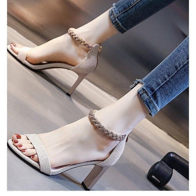 Rhinestone Minimalist Thick Heeled Sandals - Viexta