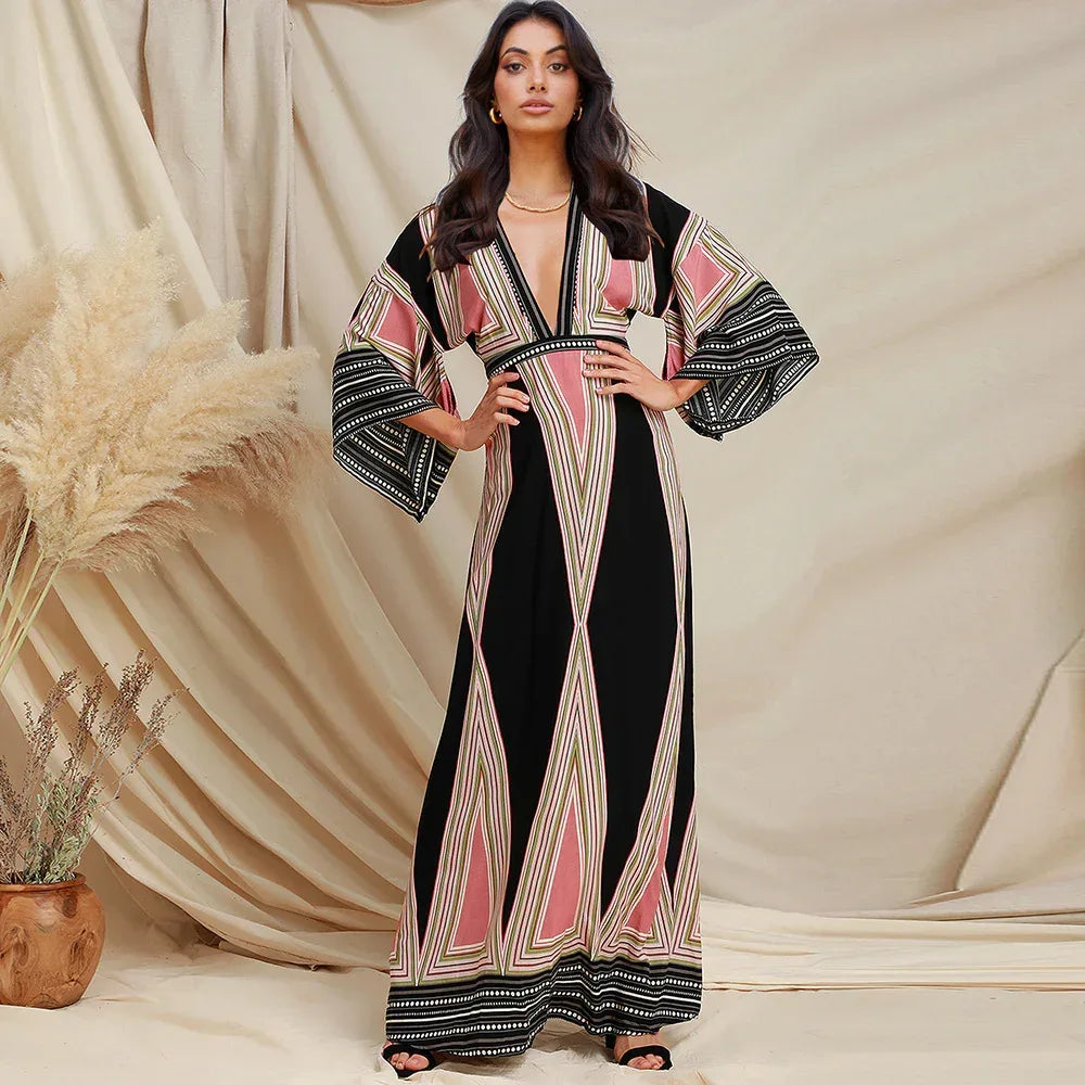 Deep V Neck Indian Print Dress - Viexta