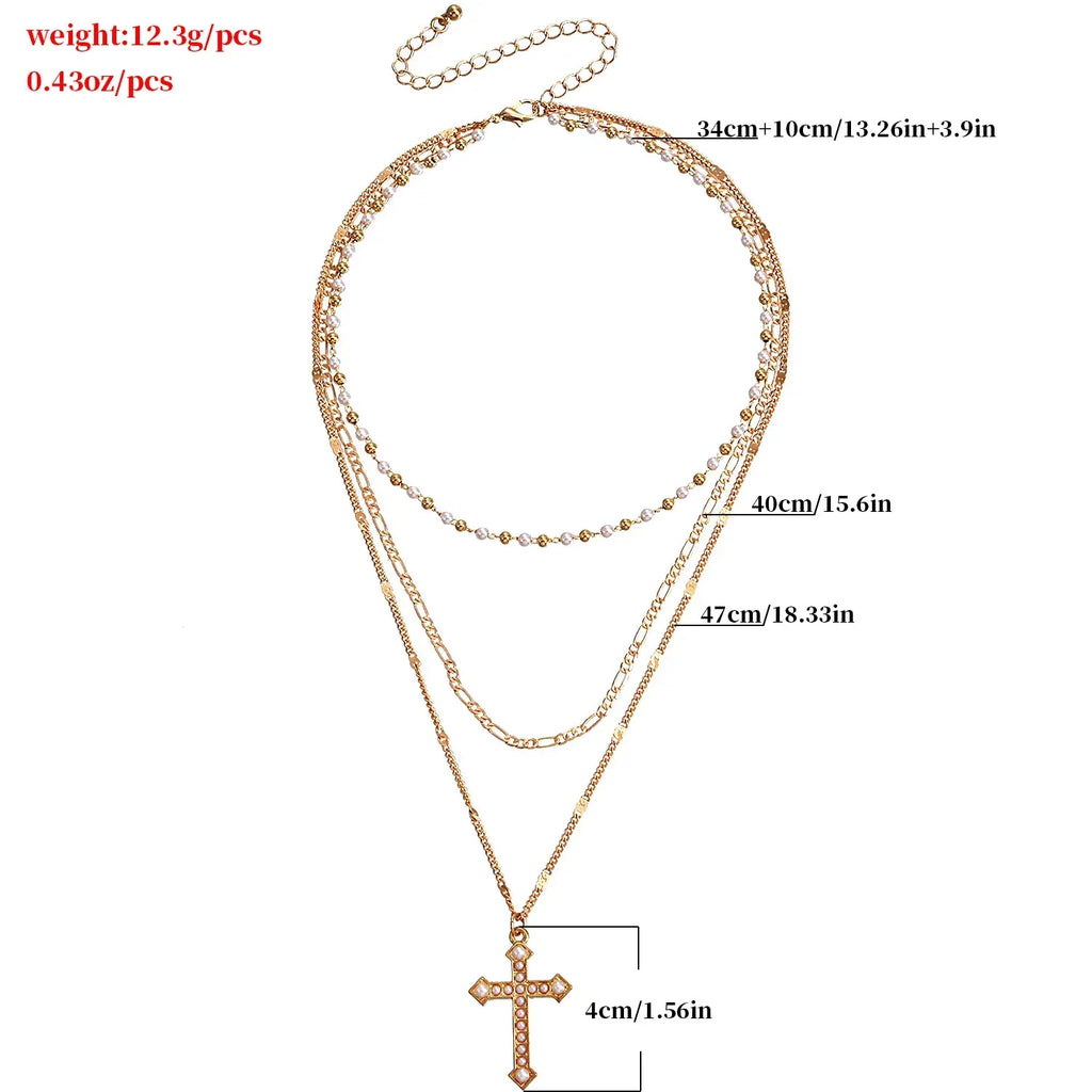 Multilayer Pearl Chain With Cross Pendant - Viexta