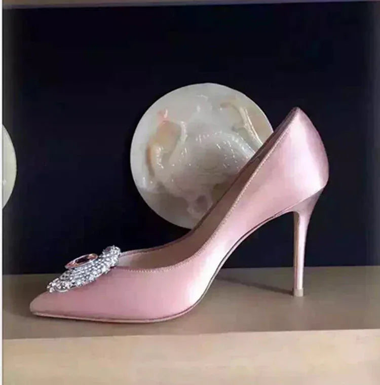 Rhinestone Pointed Satin Heels - Viexta