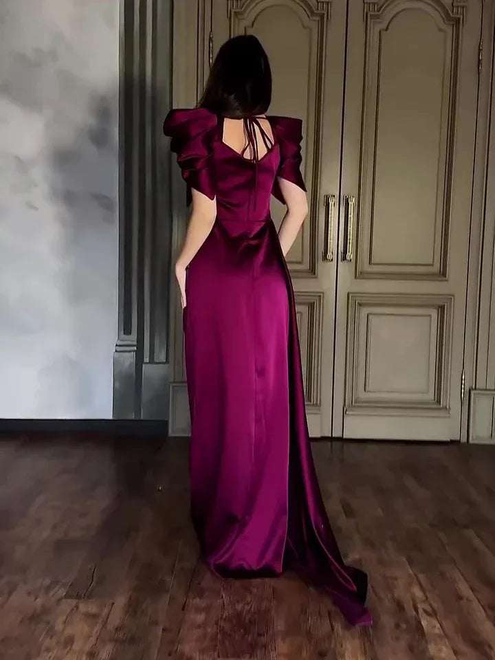 Elegant Puff Sleeve Pleated Slit Maxi Dress - Viexta
