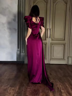 Elegant Puff Sleeve Pleated Slit Maxi Dress - Viexta