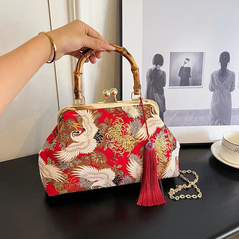 Retro Embroidered Clutch Red-crowned Crane Handbag - Viexta