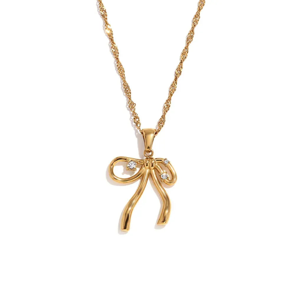 Stainless Steel 18K Gold Plating Rhinestone Bow Pendant Earring Ring - Viexta