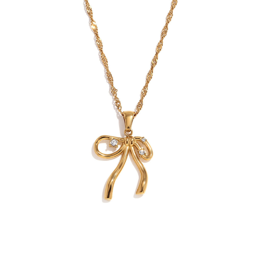 Stainless Steel 18K Gold Plating Rhinestone Bow Pendant Earring Ring