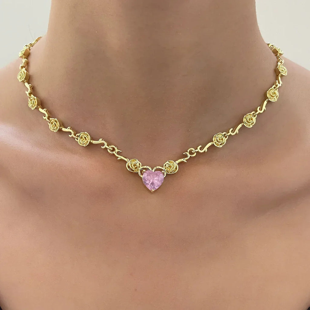 Rhinestone Love Rose Chain Necklace - Viexta