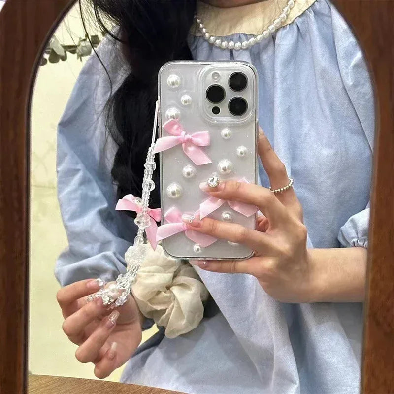 Niche Three-dimensional Pearl Bow iPhone Case with Charm - Viexta