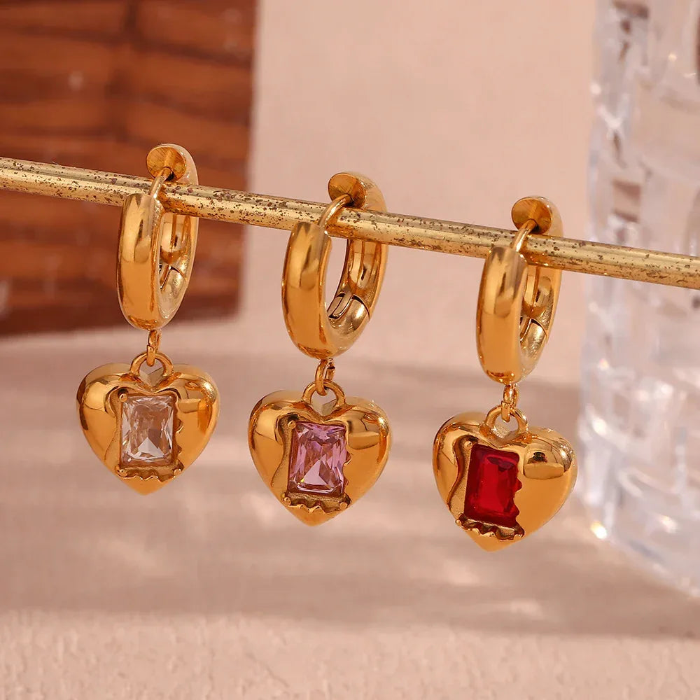 Stainless Steel Peach Heart Zircon Earrings - Viexta