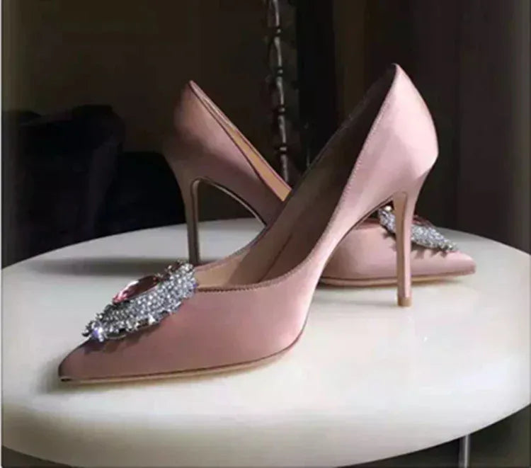 Rhinestone Pointed Satin Heels - Viexta