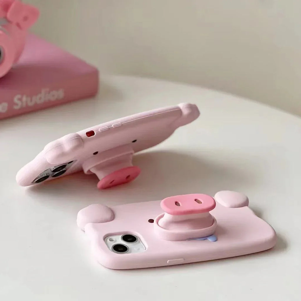 Telescopic Bracket Pig Three-dimensional Silicone iPhone Case - Viexta