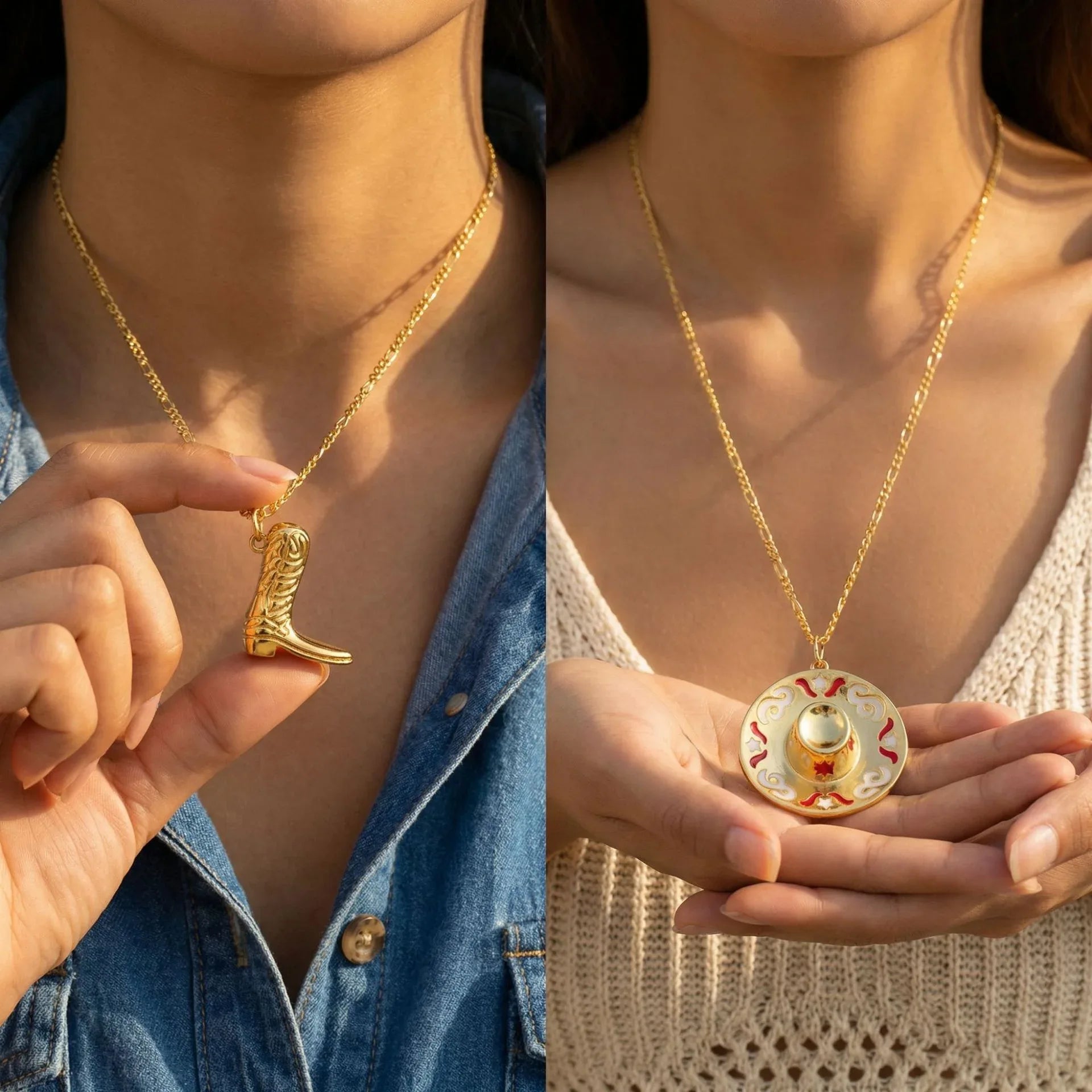 Retro Denim Boots Pendant Hat Necklace