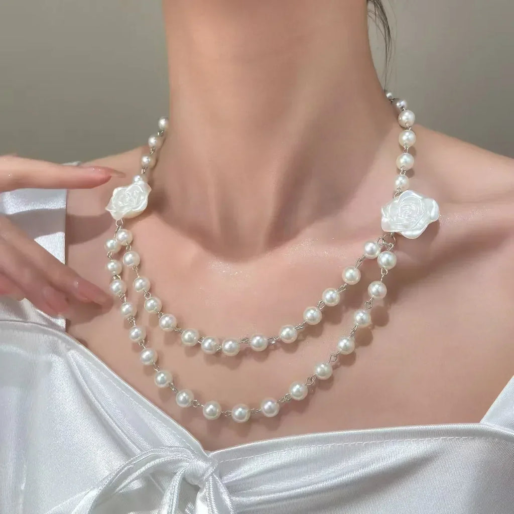 fairy-style-french-pearl-camellia-double-layer-necklace - Viexta