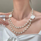 fairy-style-french-pearl-camellia-double-layer-necklace - Viexta