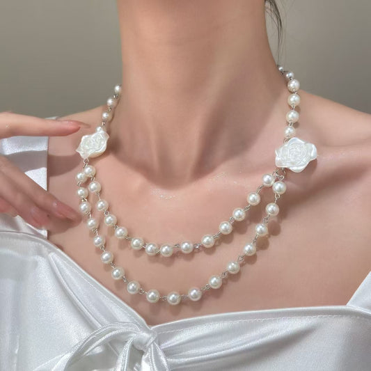 Fairy Style French Pearl Camellia Double-layer Necklace