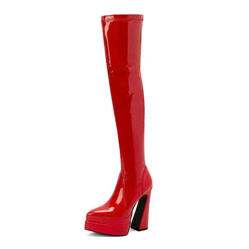 Bright Faced Thick Heeled Patent Leather Knee Boots - Viexta
