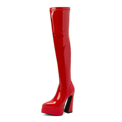 Bright Faced Thick Heeled Patent Leather Knee Boots