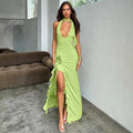 Deep V Lace-up Halterneck Slim Fit Dress - Viexta