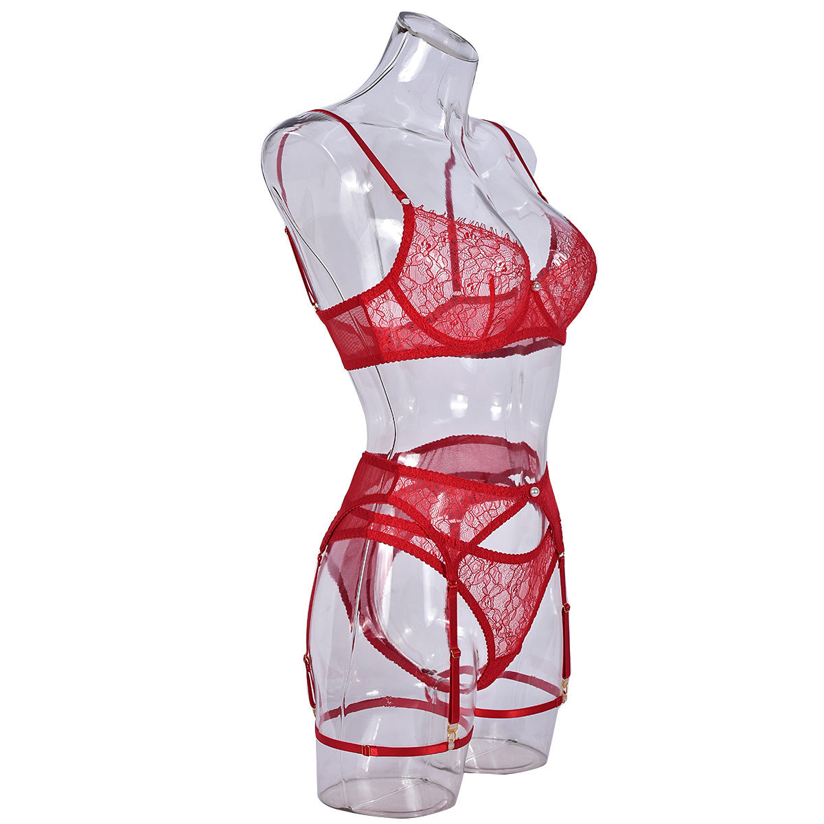 See-through Pearl Decorative Lingerie 4-piece Set