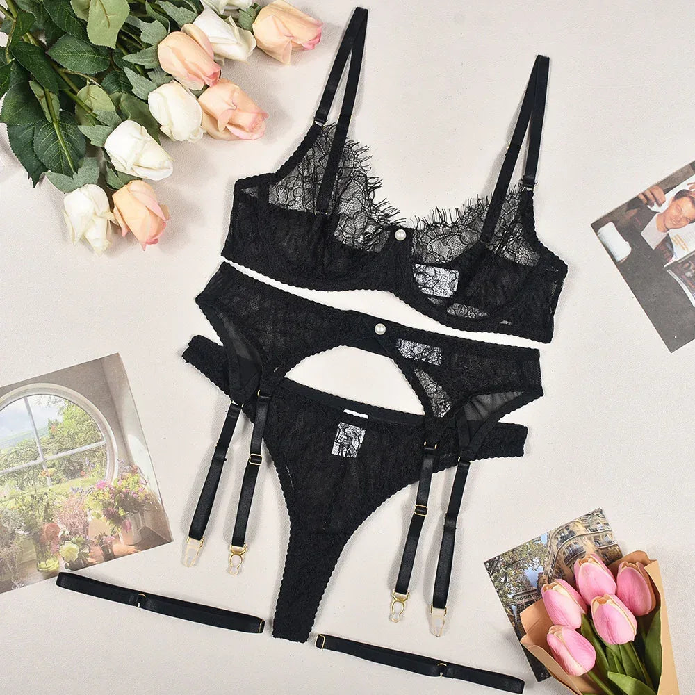 see-through-pearl-decorative-lingerie-4-piece-set - Viexta