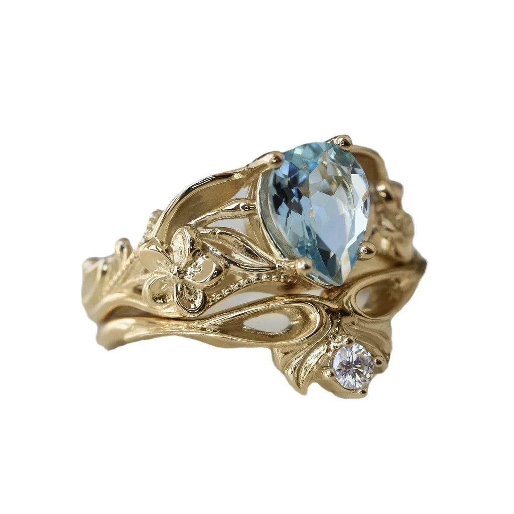 Gold Crown Sea Blue Diamond Ladies Couple Rings - Viexta