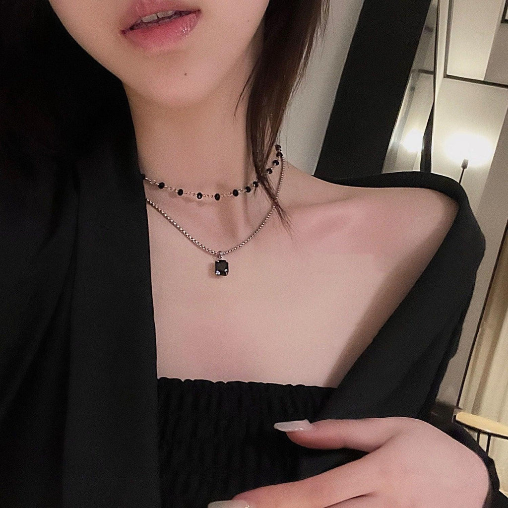 Black Zircon Beaded Double-layer Clavicle Chain - Viexta