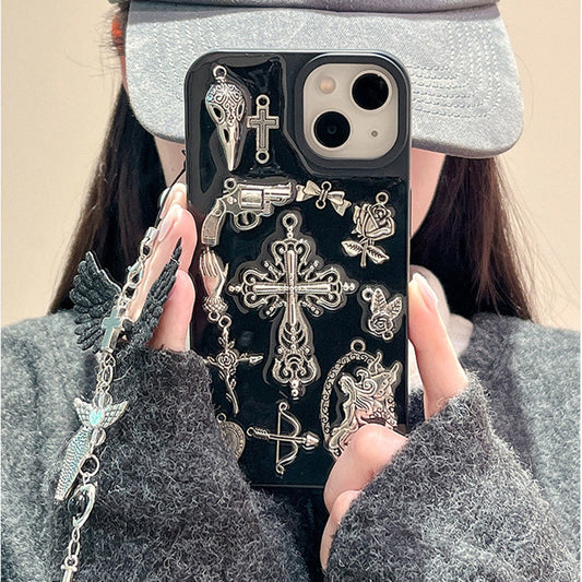 Ins Retro Dark Wind Epoxy Cross iPhone Case with Charm