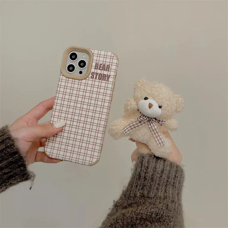 Line Plaid Plush Bear Stand iPhone Case - Viexta