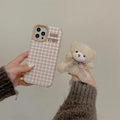 Line Plaid Plush Bear Stand iPhone Case - Viexta