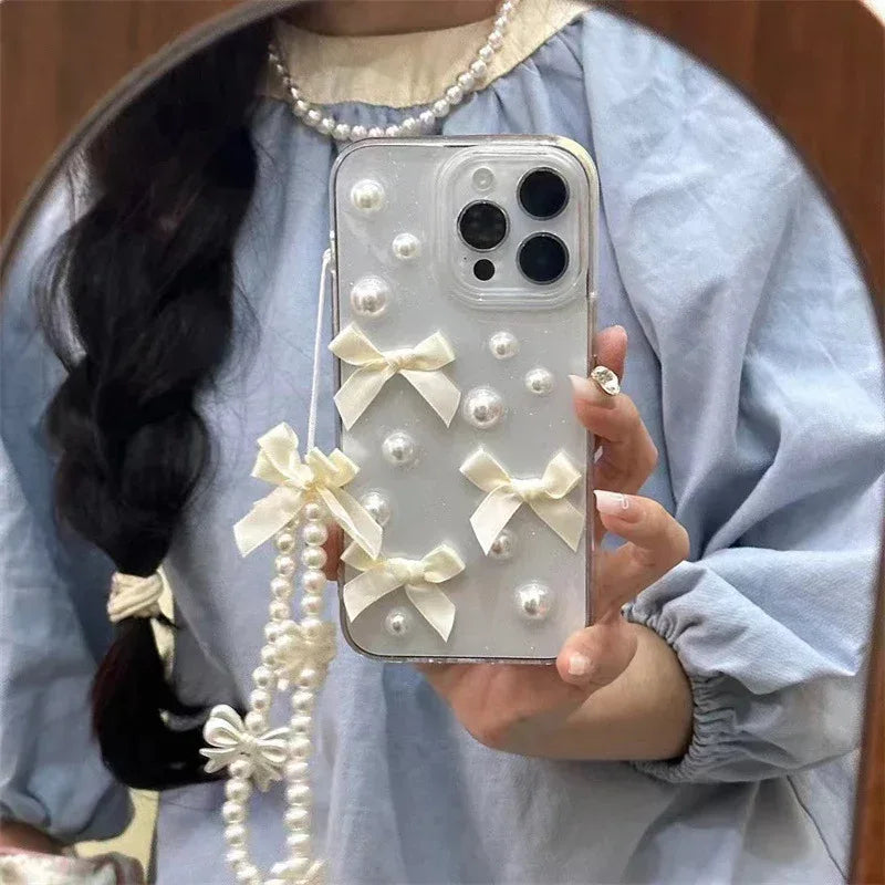 Niche Three-dimensional Pearl Bow iPhone Case with Charm - Viexta