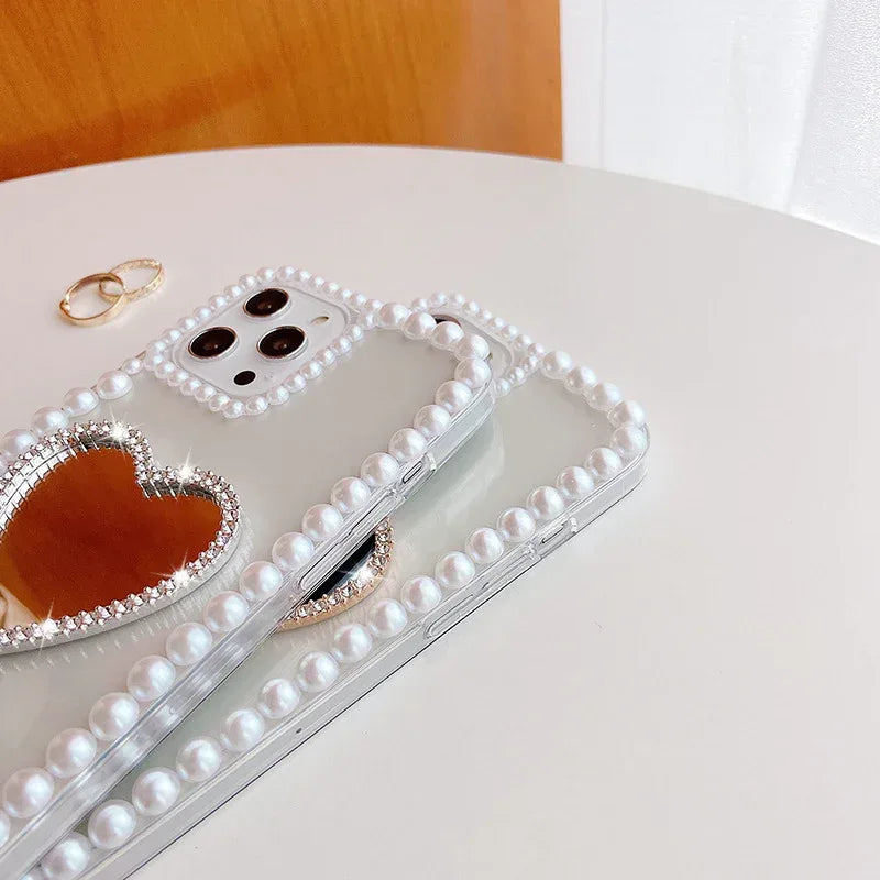 Acrylic Pearl Heart Mirror Rhinestone iPhone Case - Viexta