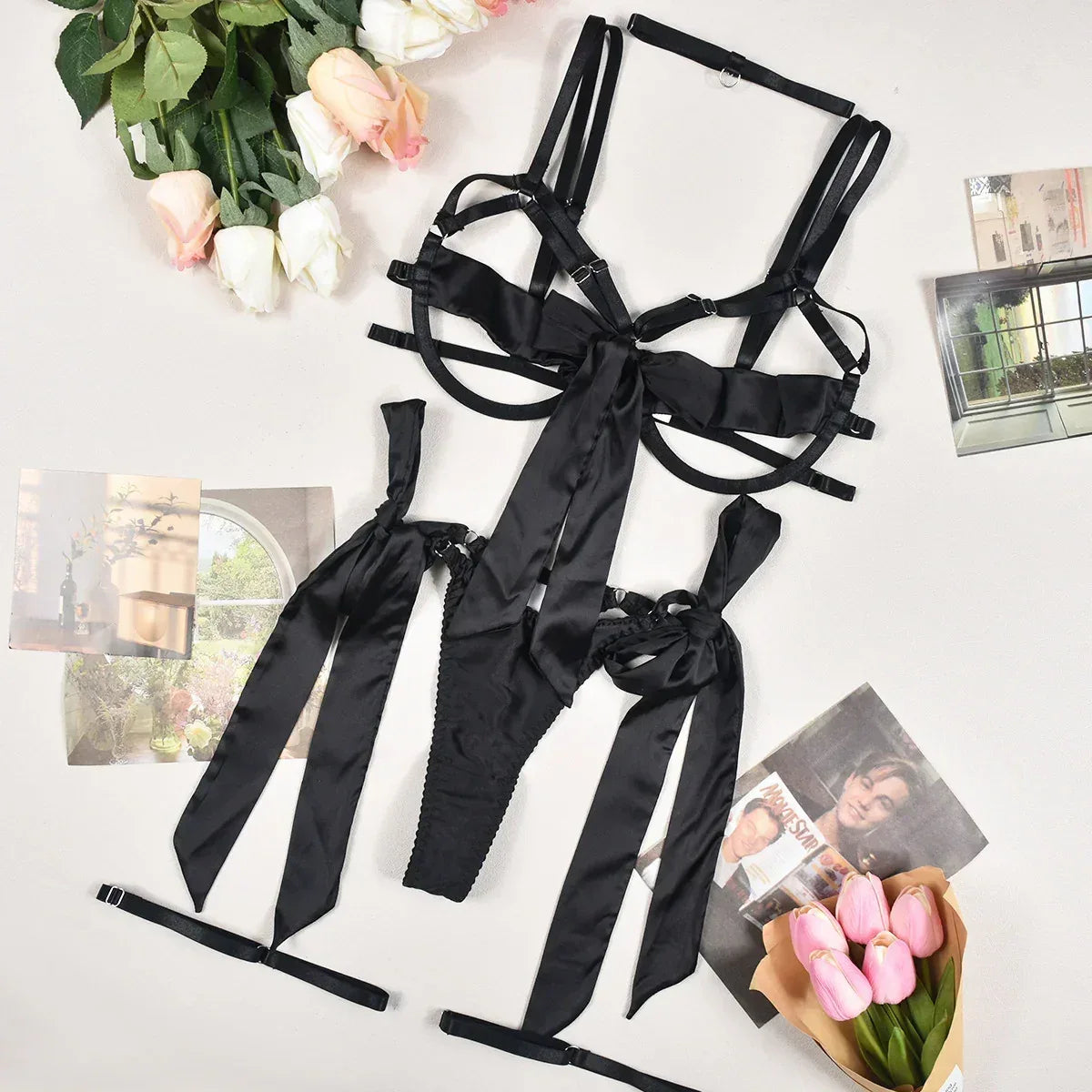 satin-sexy-dew-leg-ring-strap-lingerie-4-piece-set - Viexta