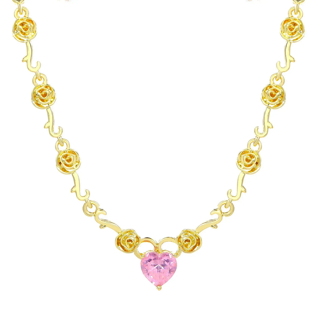 Rhinestone Love Rose Chain Necklace - Viexta